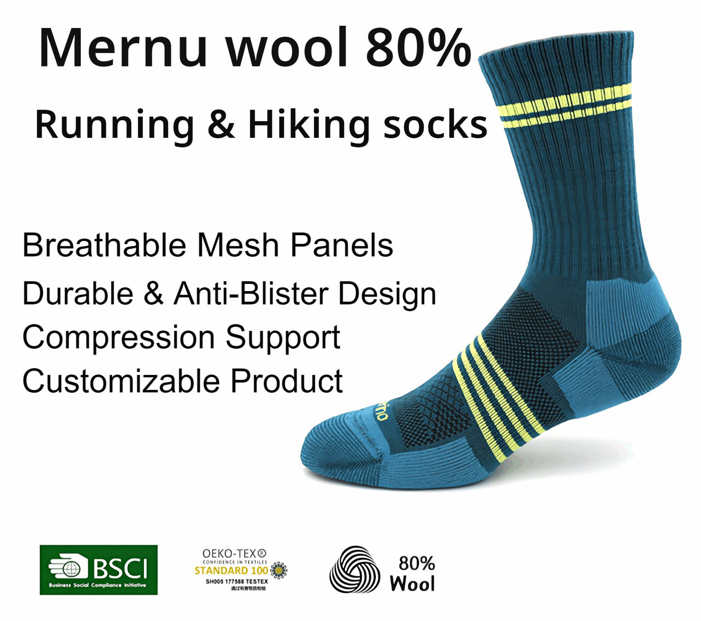 (22 Pairs) Customizable Premium Australian Wool Running, Hiking Socks - BPRunning