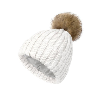 Women's Winter Beanie with Satin Lining and Faux Fur Pom Pom - Cozy Knit for Ultimate Warmth - BPRunning