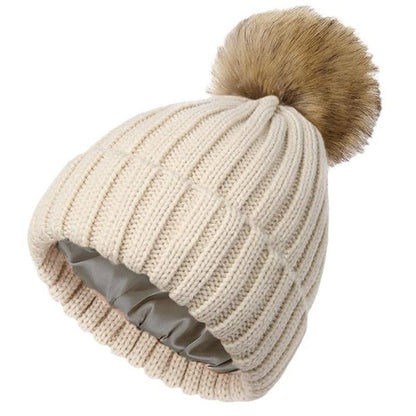 Women's Winter Beanie with Satin Lining and Faux Fur Pom Pom - Cozy Knit for Ultimate Warmth - BPRunning