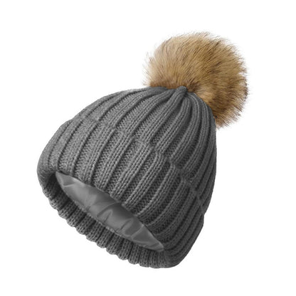 Women's Winter Beanie with Satin Lining and Faux Fur Pom Pom - Cozy Knit for Ultimate Warmth - BPRunning