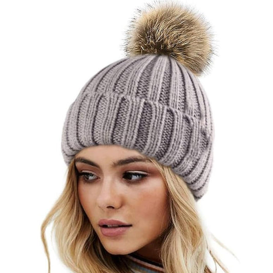 Women's Winter Beanie with Satin Lining and Faux Fur Pom Pom - Cozy Knit for Ultimate Warmth - BPRunning